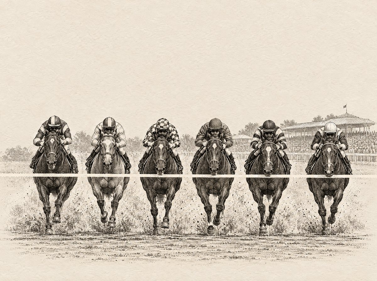 An engraving of six horses crossing the finish line together, side by side