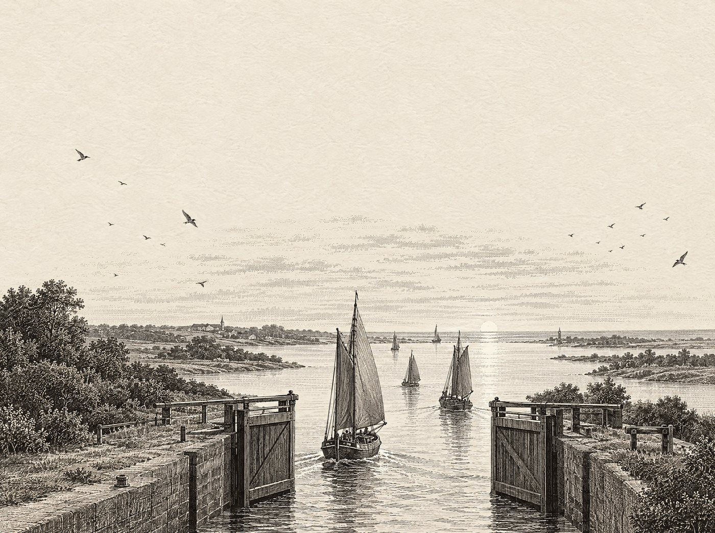 An engraving of lock gates opening and boats sailing out onto a wide river
