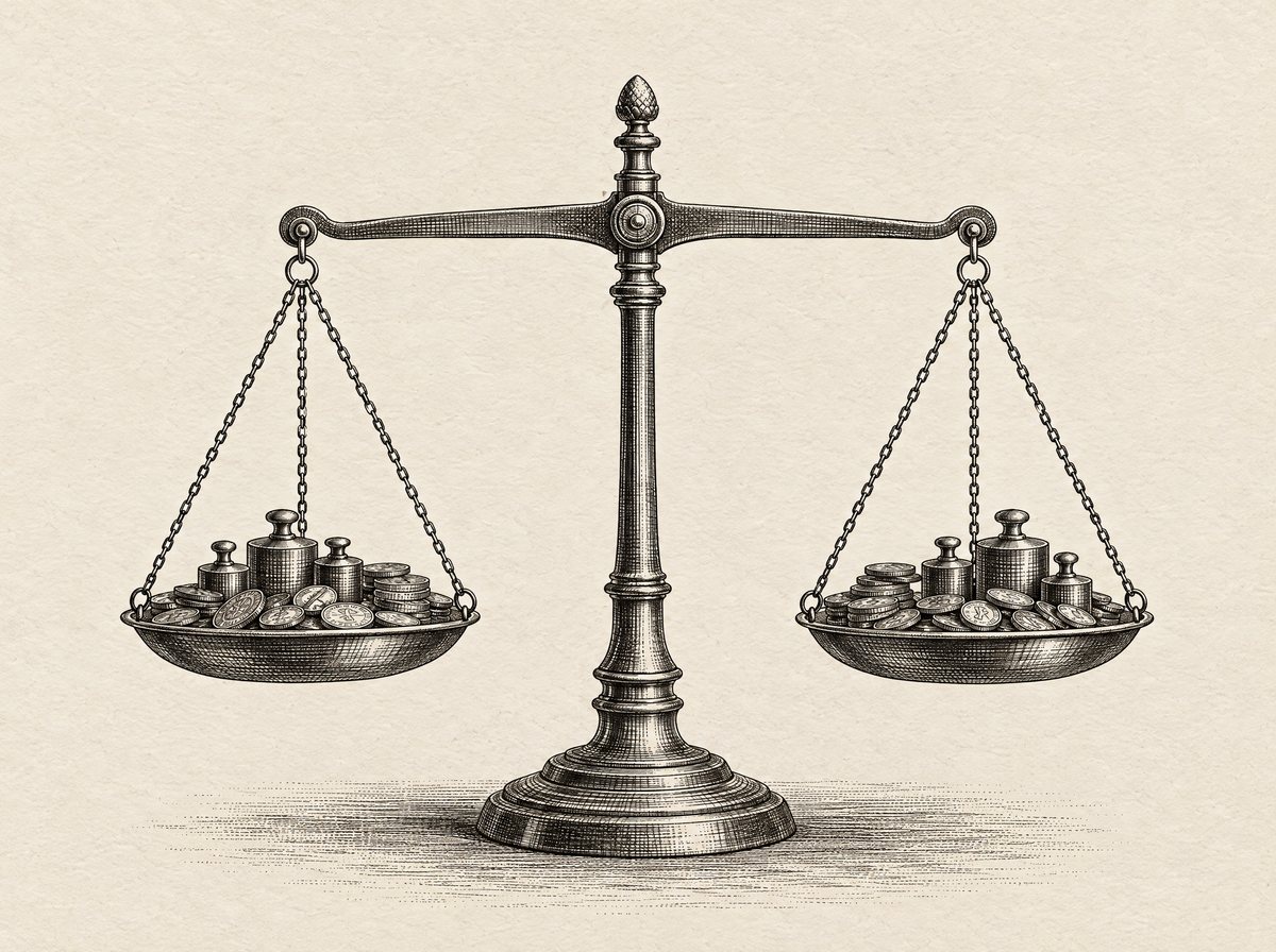 An engraving of a balance scale held perfectly level, weights on both pans